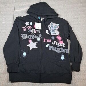 Happy Bunny Jim Benton Womens 1X Black Zip Hoodie Not BOSSY Vtg Y2K